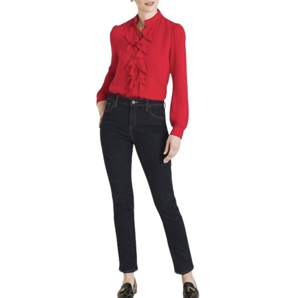 Chicos Ruffle Front Button Up Blouse Womens Size XL/16 Red NWT $79 - Picture 3 of 4